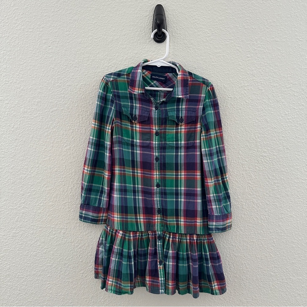 Ralph Lauren Girls Green Navy Red Plaid Cotton Shirt Dress